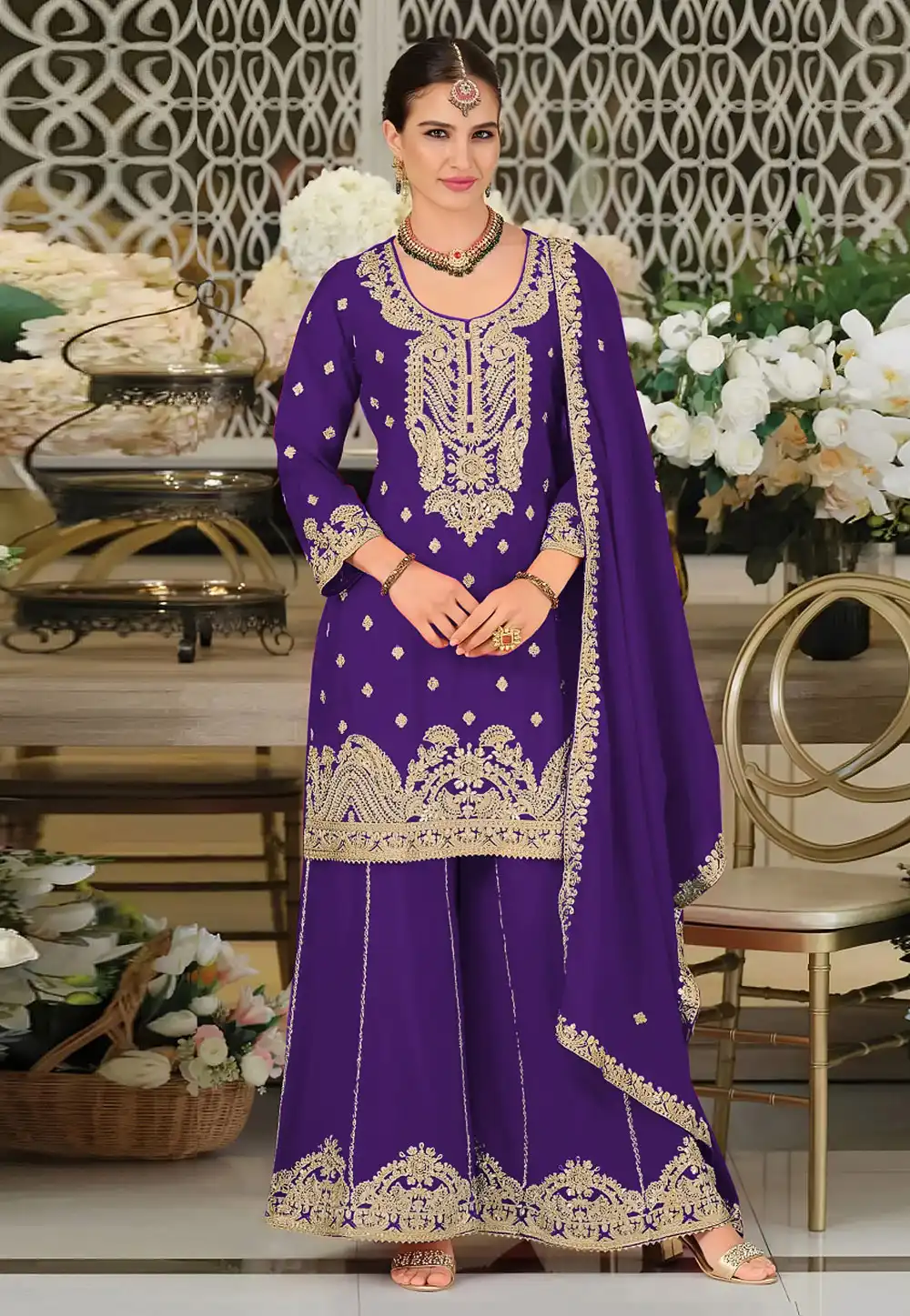 Purple Chinon Silk Pakistani Suit 330383