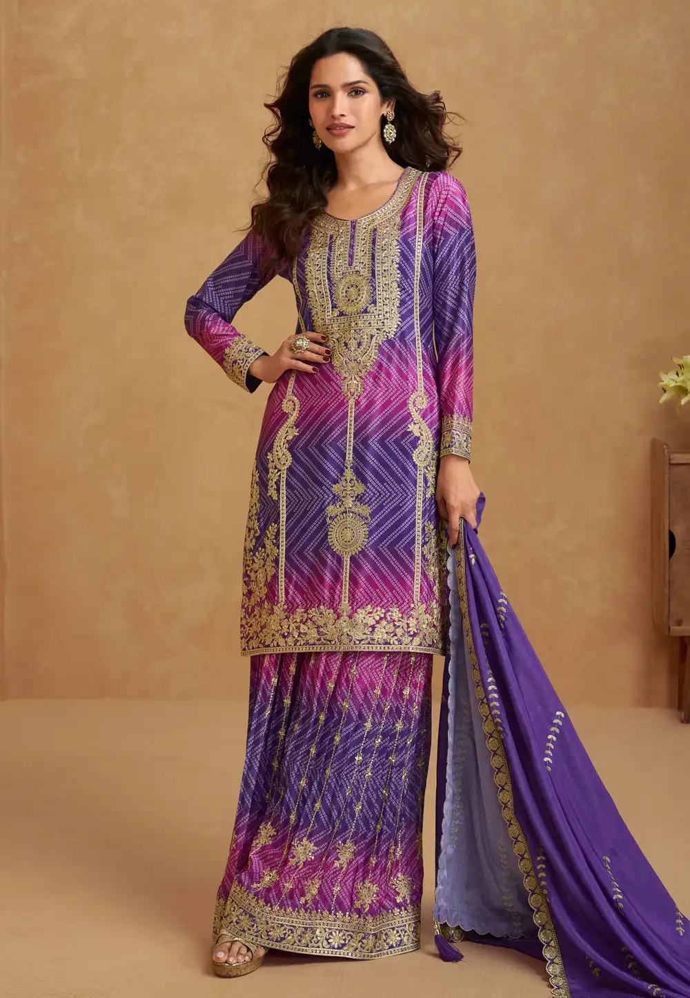 Purple Chinon Silk Palazzo Suit 316245