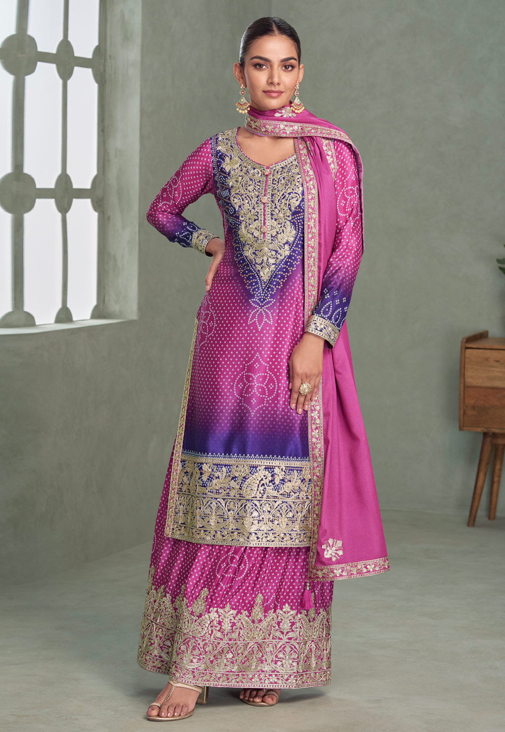 Purple Chinon Silk Palazzo Suit 318146