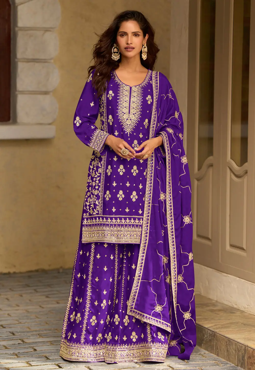 Purple Chinon Silk Palazzo Suit 333563