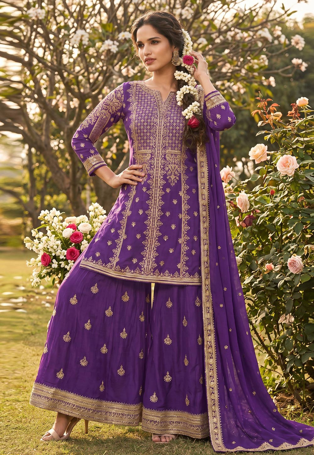 Purple Chinon Silk Palazzo Suit 327836
