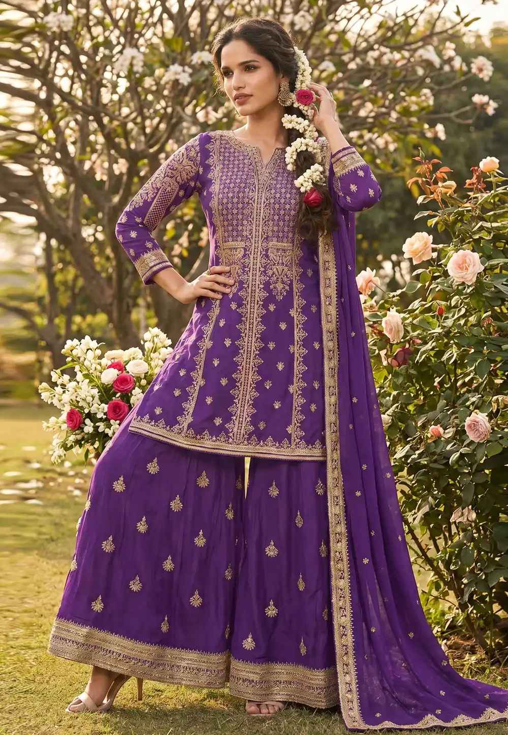 Purple Chinon Silk Palazzo Suit 327836