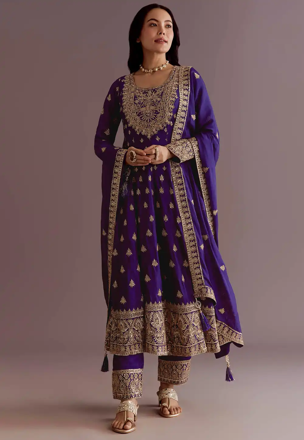 Violet Chinon Silk Readymade Anarkali Suit 325539