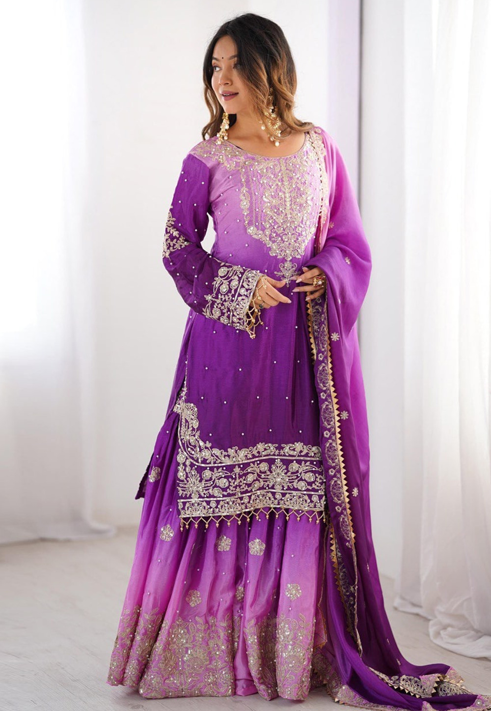 Purple Chinon Silk Readymade Gharara Suit 311542