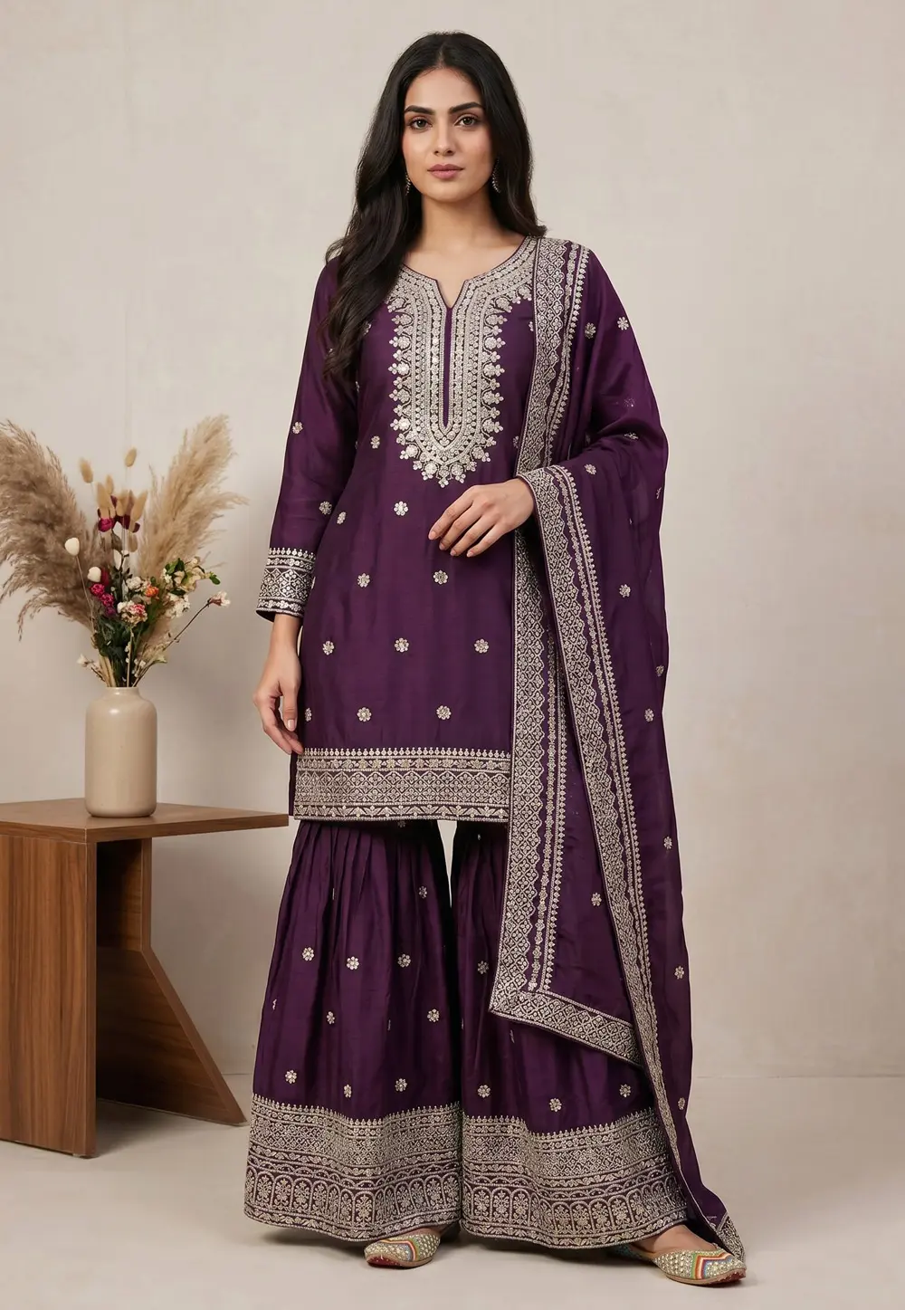 Purple Chinon Silk Readymade Gharara Suit 331978