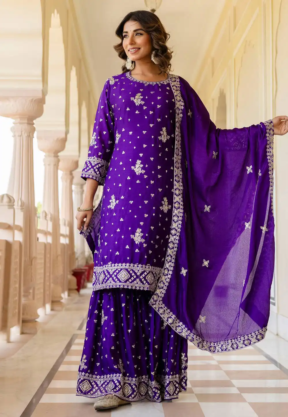 Purple Chinon Silk Readymade Gharara Suit 321876