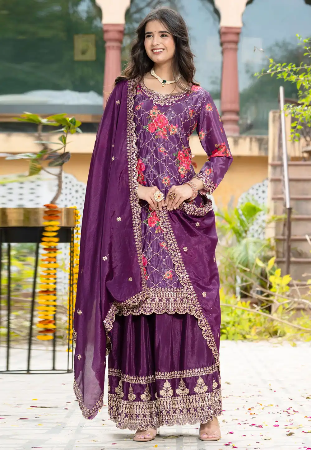Purple Chinon Silk Readymade Pakistani Suit 314480