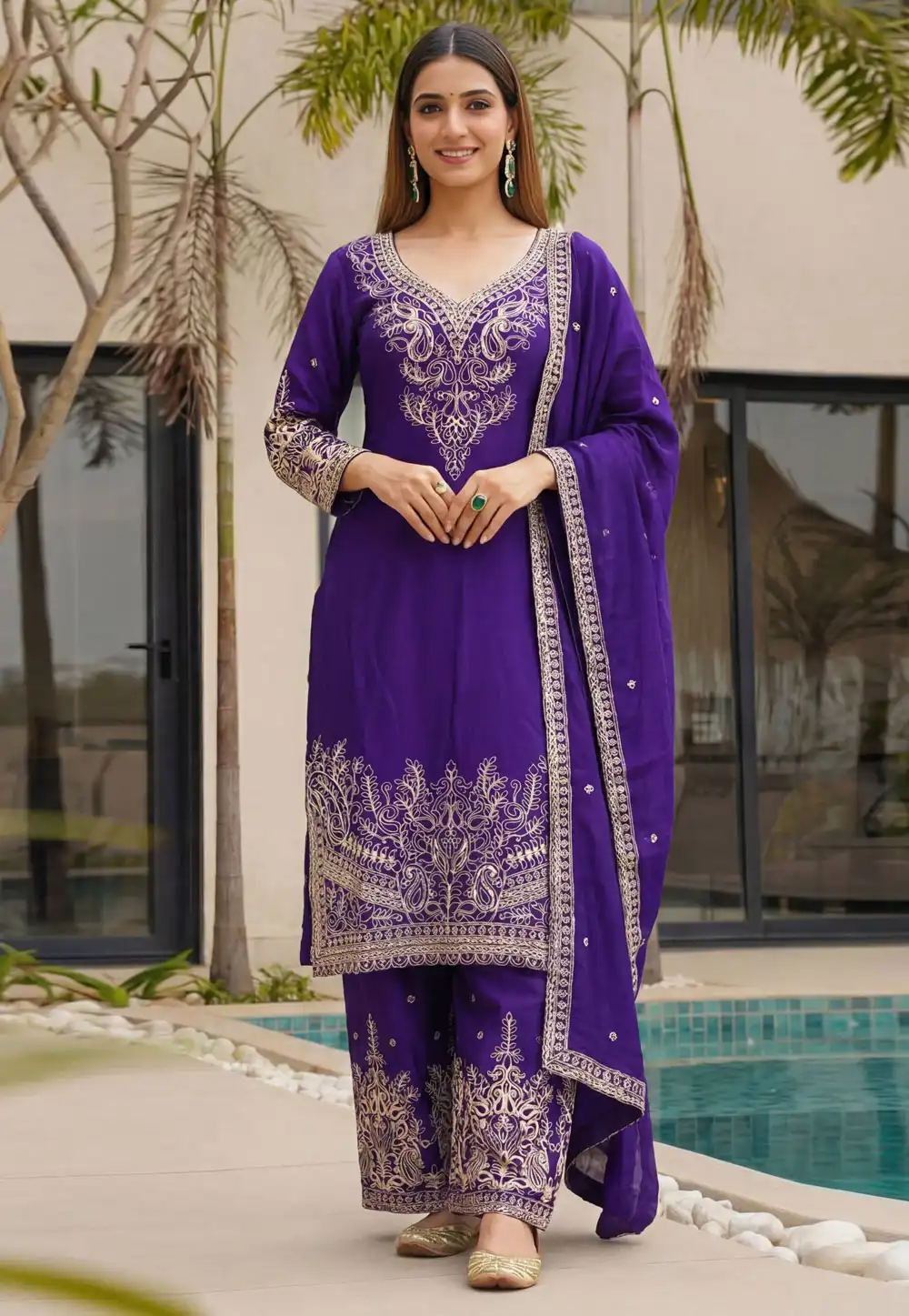 Purple Chinon Silk Readymade Pakistani Suit 321475