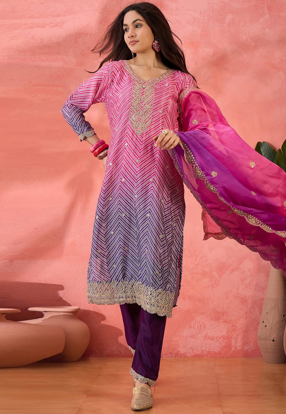 Purple Chinon Silk Readymade Pakistani Suit 308254