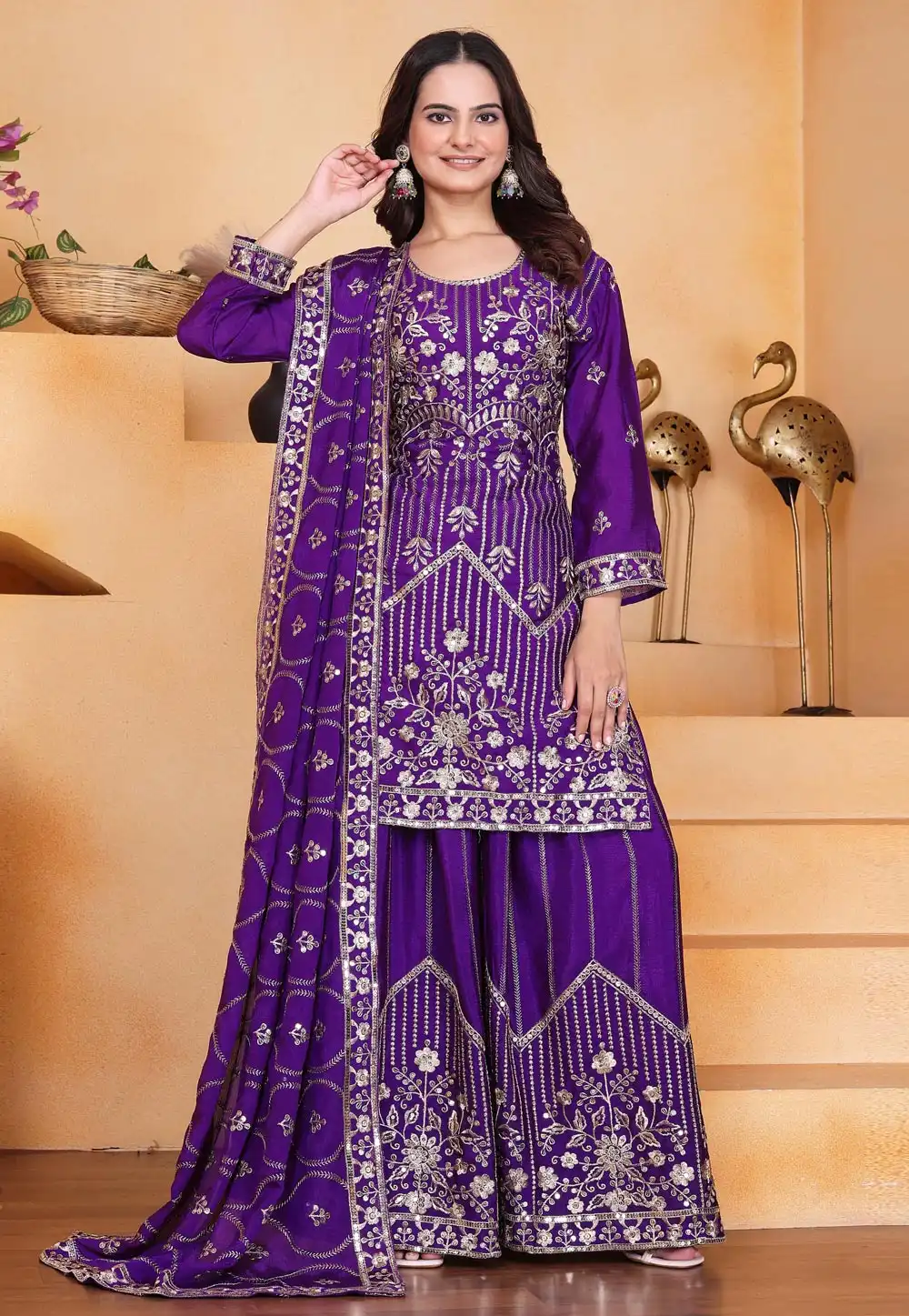 Purple Chinon Silk Readymade Palazzo Suit 317551