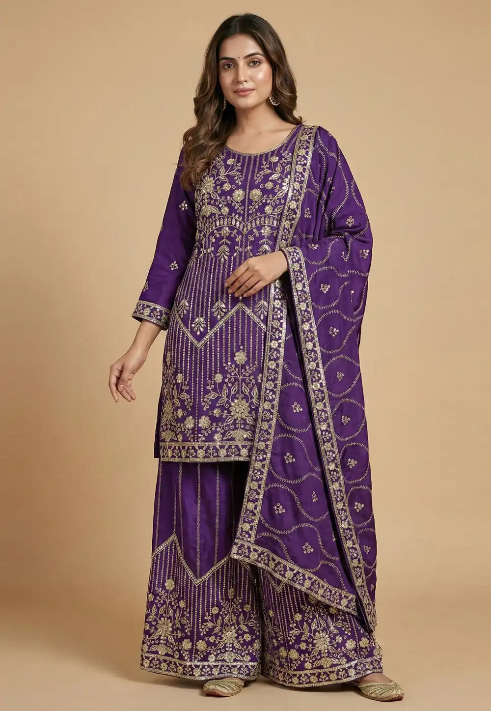 Purple Chinon Silk Readymade Palazzo Suit 323840