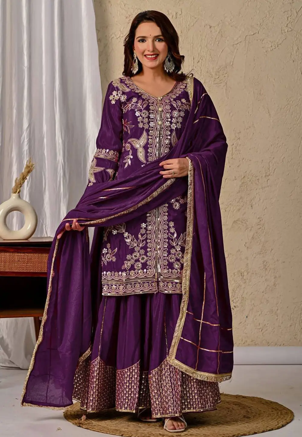 Purple Chinon Silk Readymade Palazzo Suit 336337