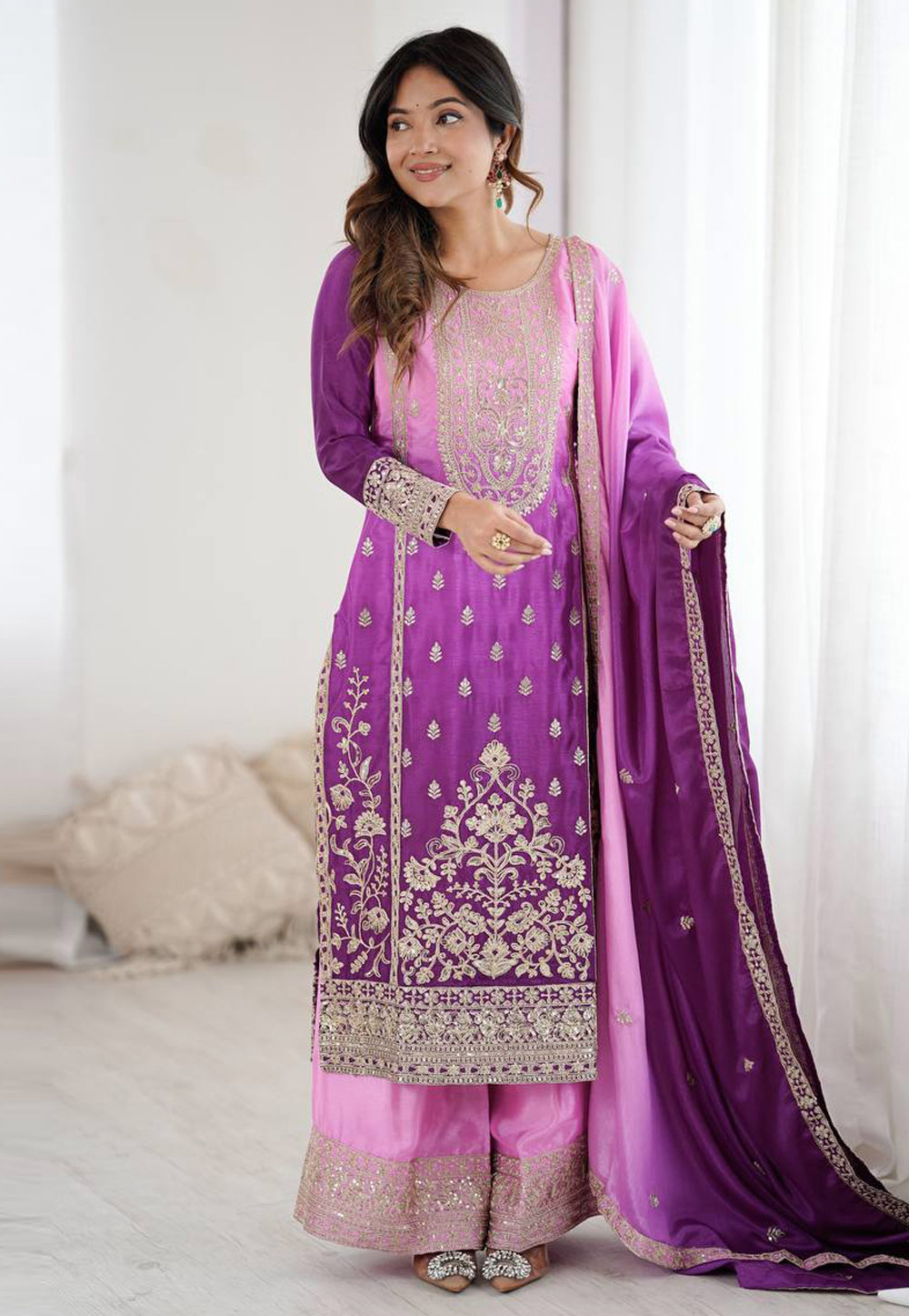 Purple Chinon Silk Readymade Palazzo Suit 325962