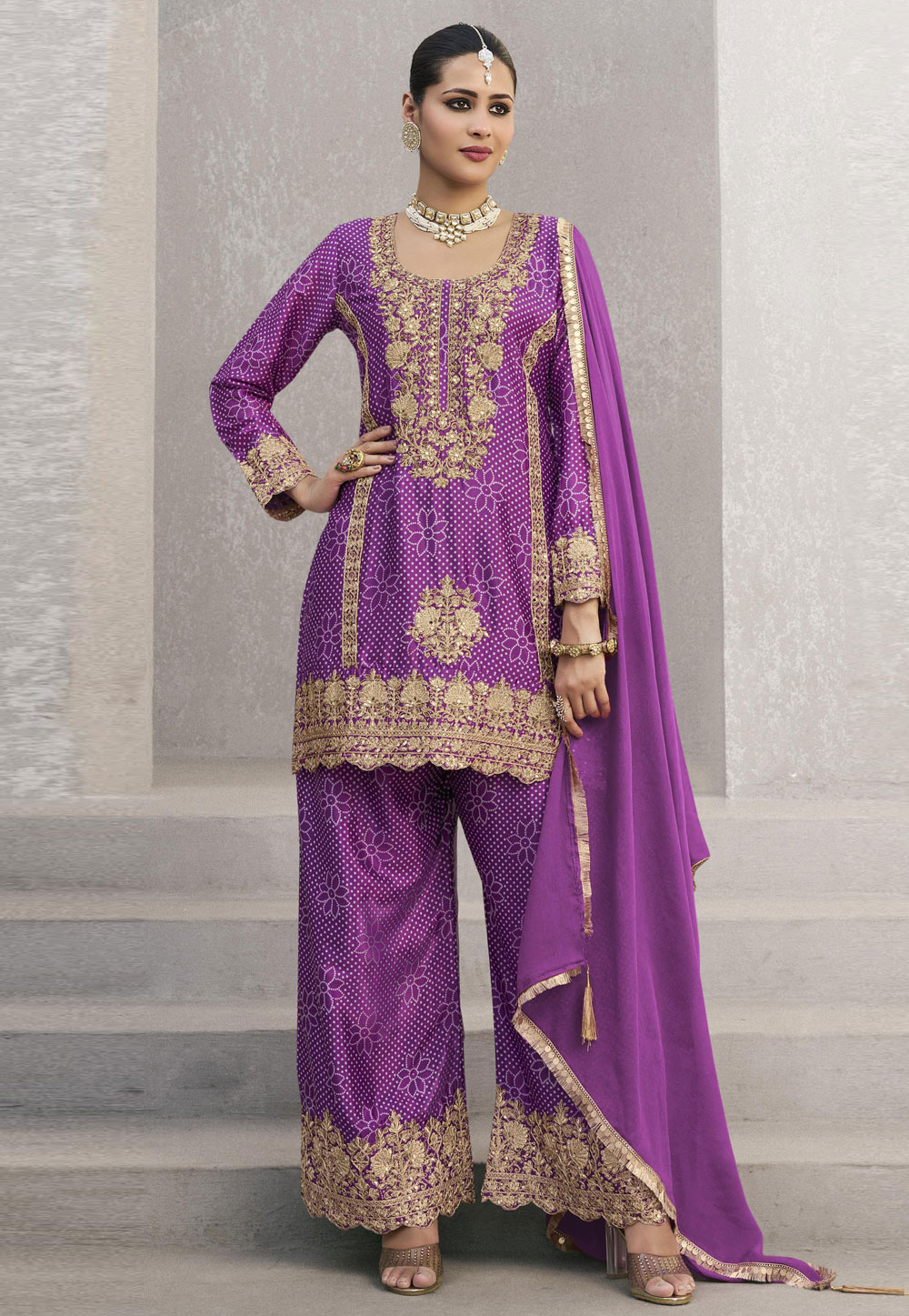 Purple Chinon Silk Readymade Palazzo Suit 307133