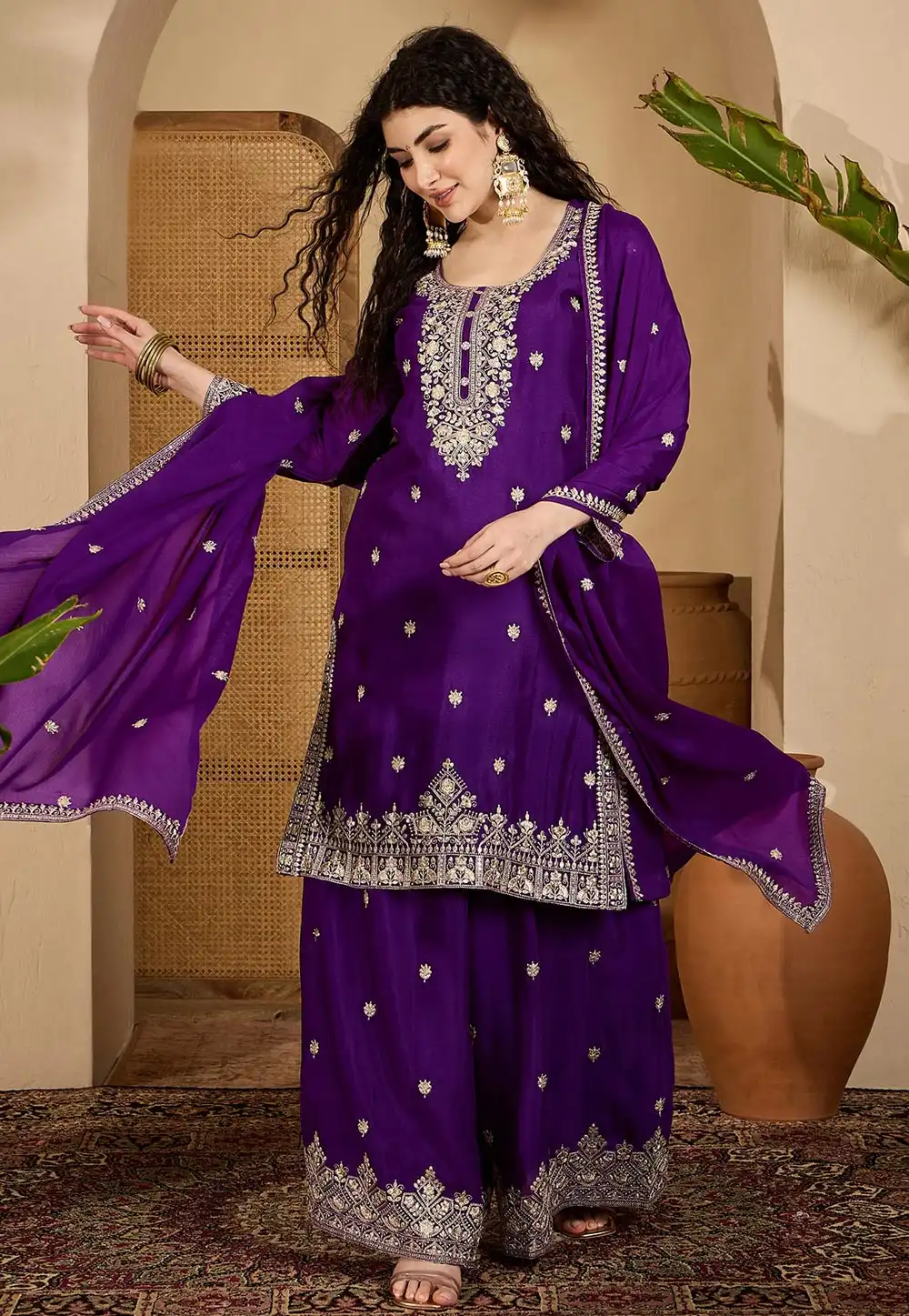Purple Chinon Silk Readymade Palazzo Suit 329572