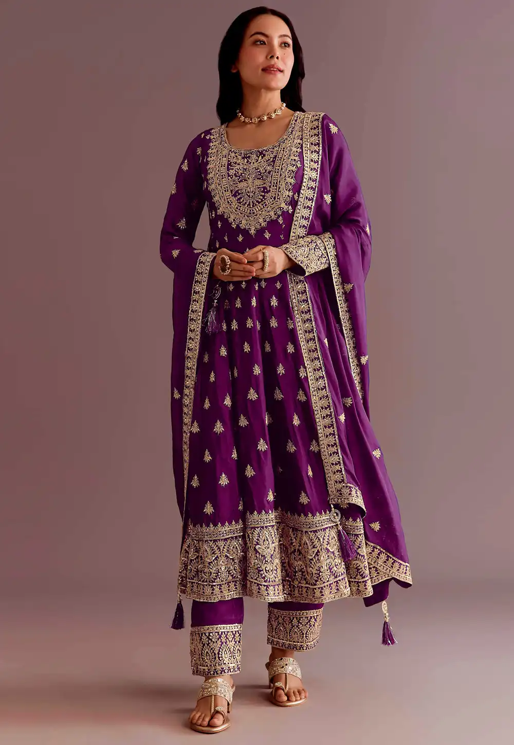 Purple Chinon Silk Readymade Pant Style Suit 328884