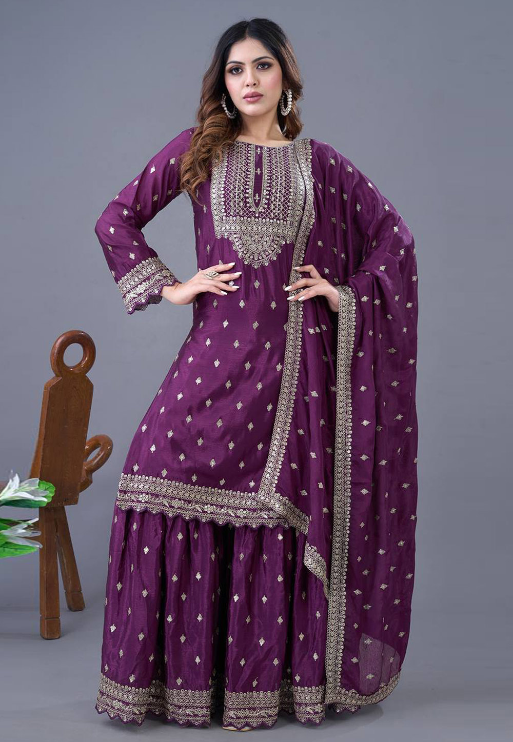 Purple Chinon Silk Readymade Sharara Suit 306916