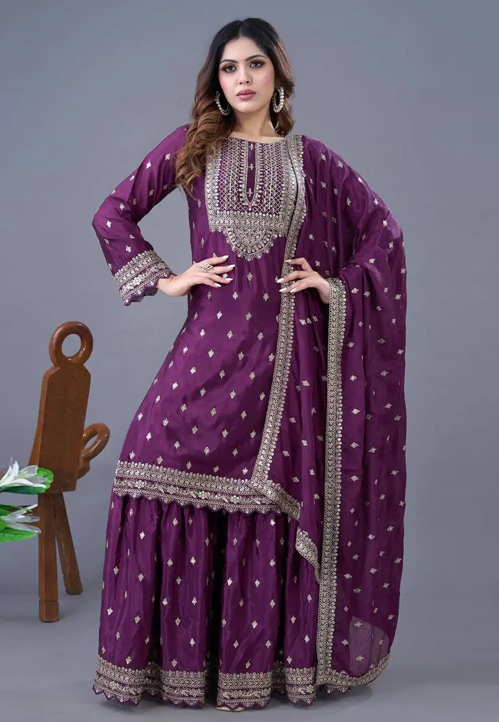 Purple Chinon Silk Readymade Sharara Suit 306916