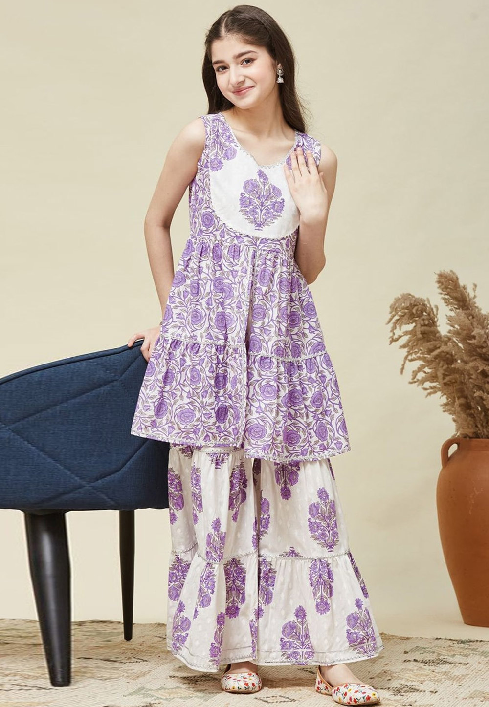 Purple Cotton Kids Sharara Suit 316970
