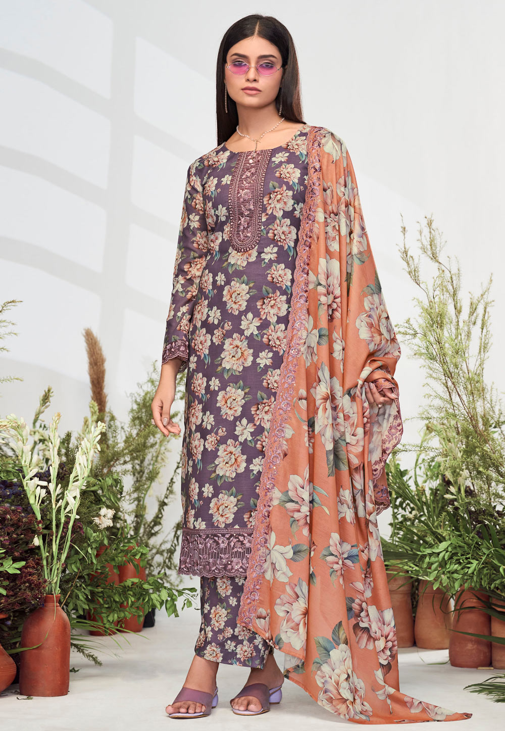 Purple Cotton Pant Style Suit 307119