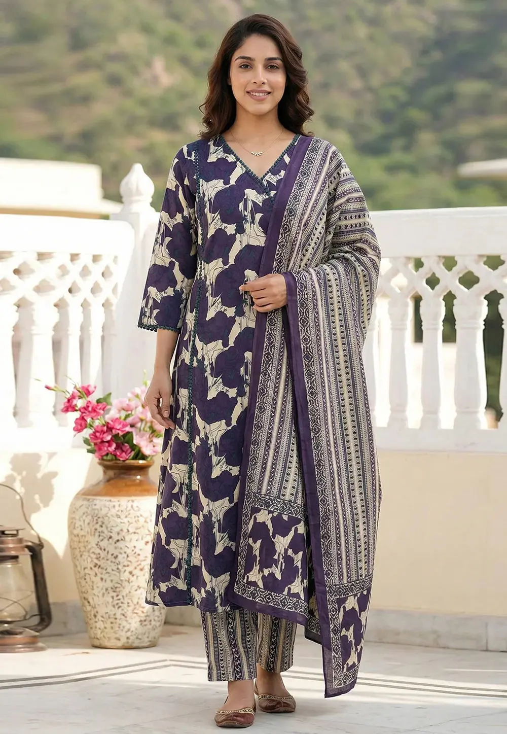 Purple Cotton Readymade Anarkali Suit 331429