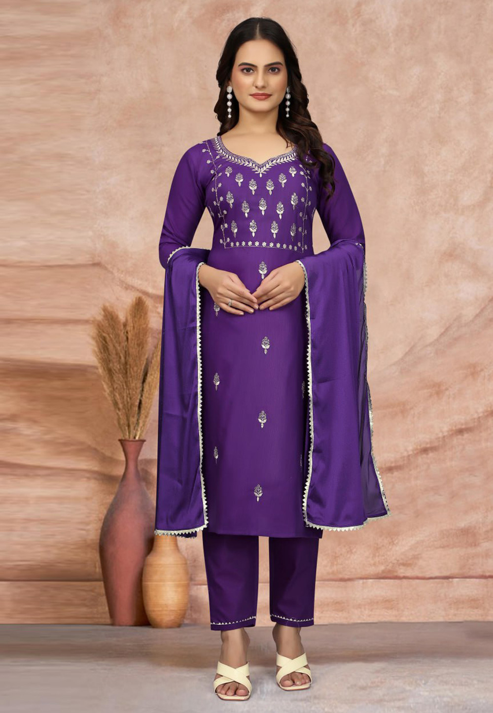 Purple Cotton Readymade Pakistani Suit 312214
