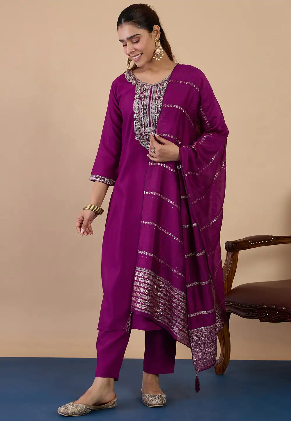 Purple Cotton Readymade Pakistani Suit 328303