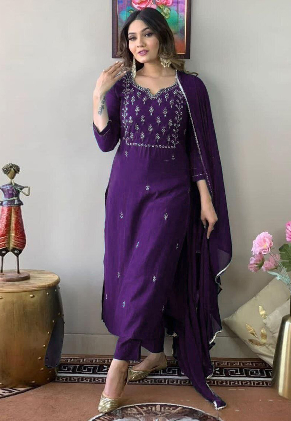 Purple Cotton Readymade Pakistani Suit 329799