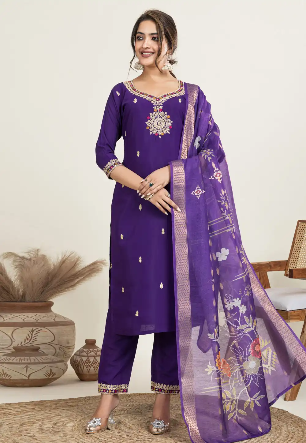 Purple Cotton Readymade Pakistani Suit 329425