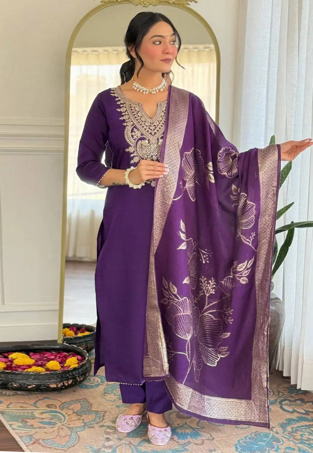 Purple Cotton Readymade Pant Style Suit 330419