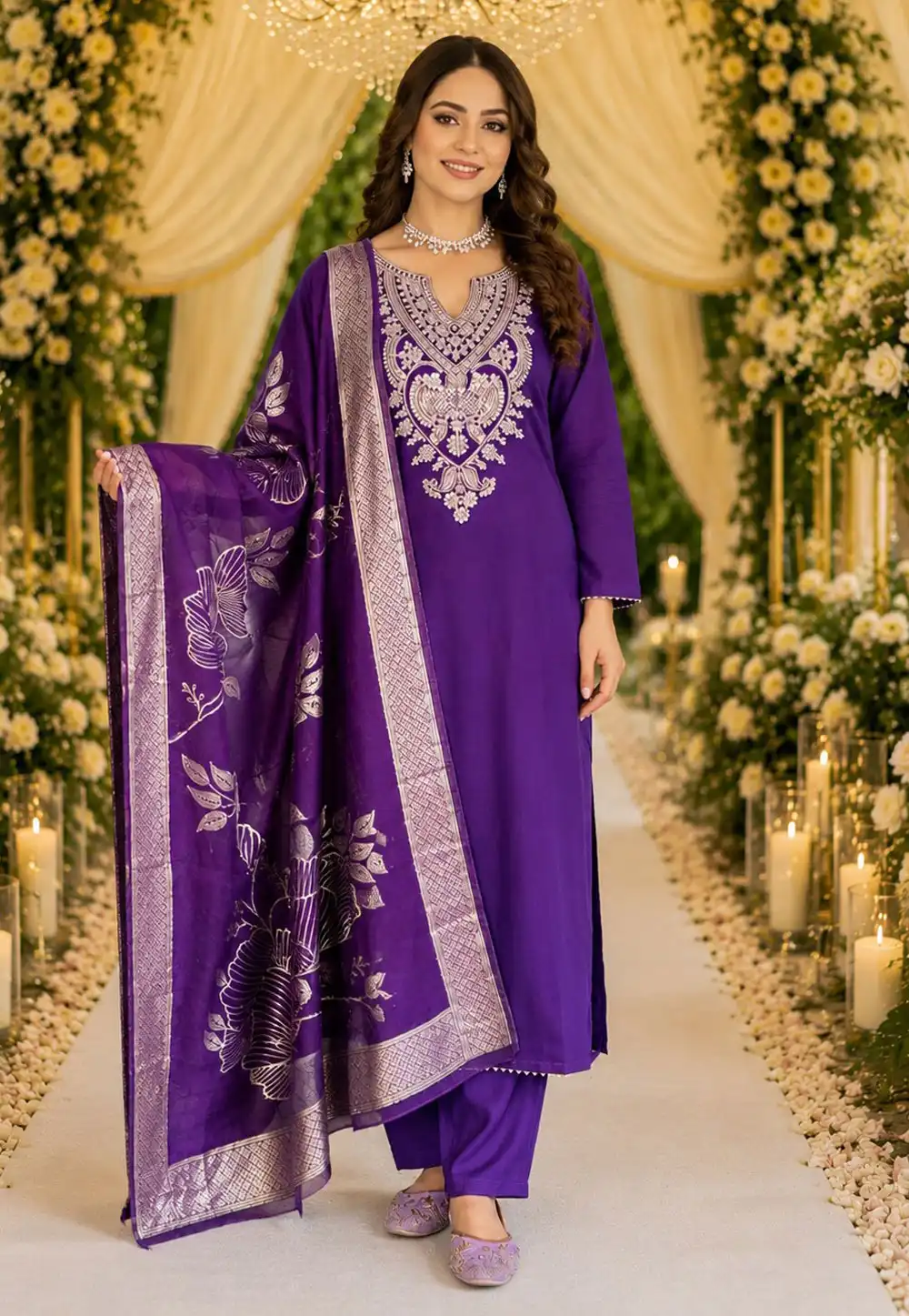 Purple Cotton Readymade Pant Style Suit 330419