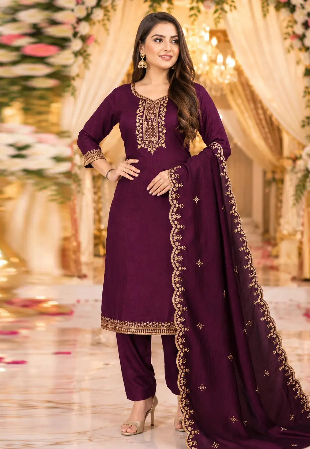 Purple Cotton Readymade Pant Style Suit 332358