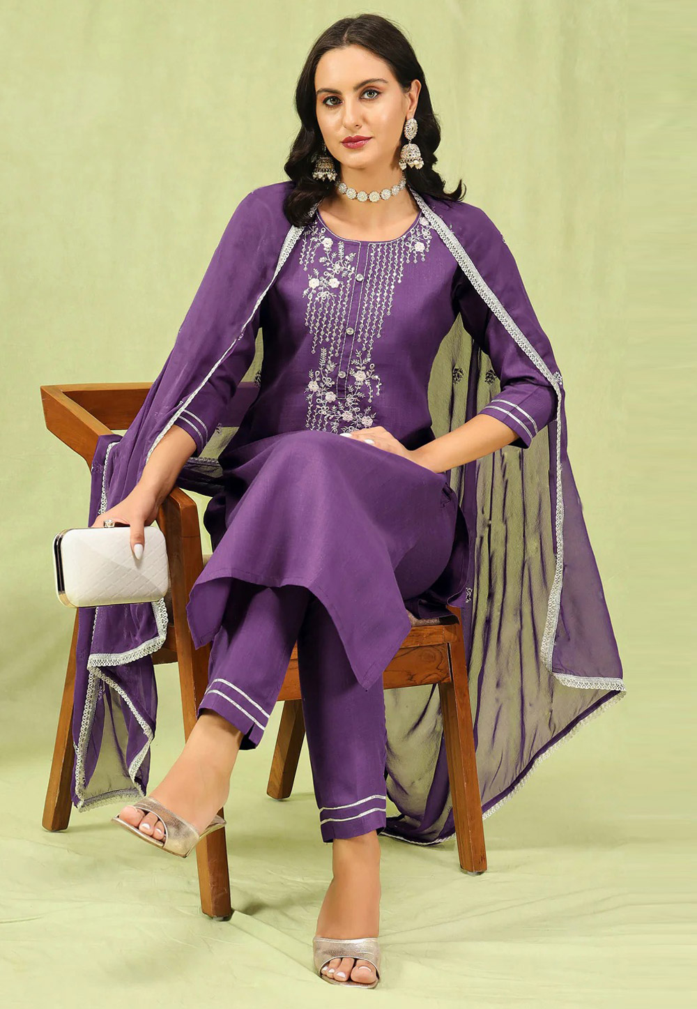 Purple Cotton Readymade Pant Style Suit 308112