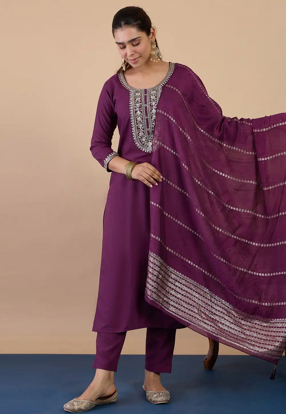 Purple Cotton Readymade Pant Style Suit 328292