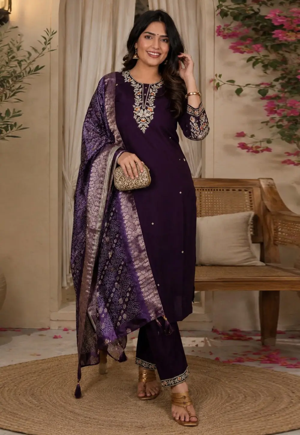 Purple Cotton Readymade Pant Style Suit 331356