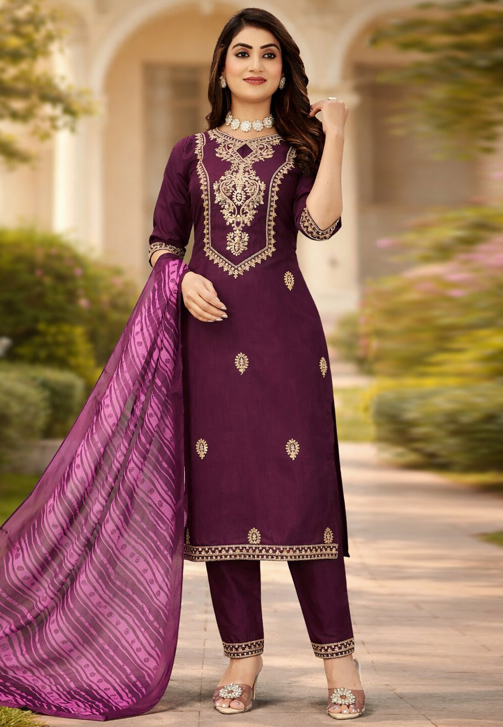 Purple Cotton Readymade Pant Style Suit 324878