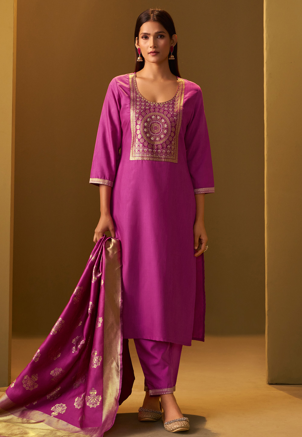 Purple Cotton Readymade Pant Style Suit 321831