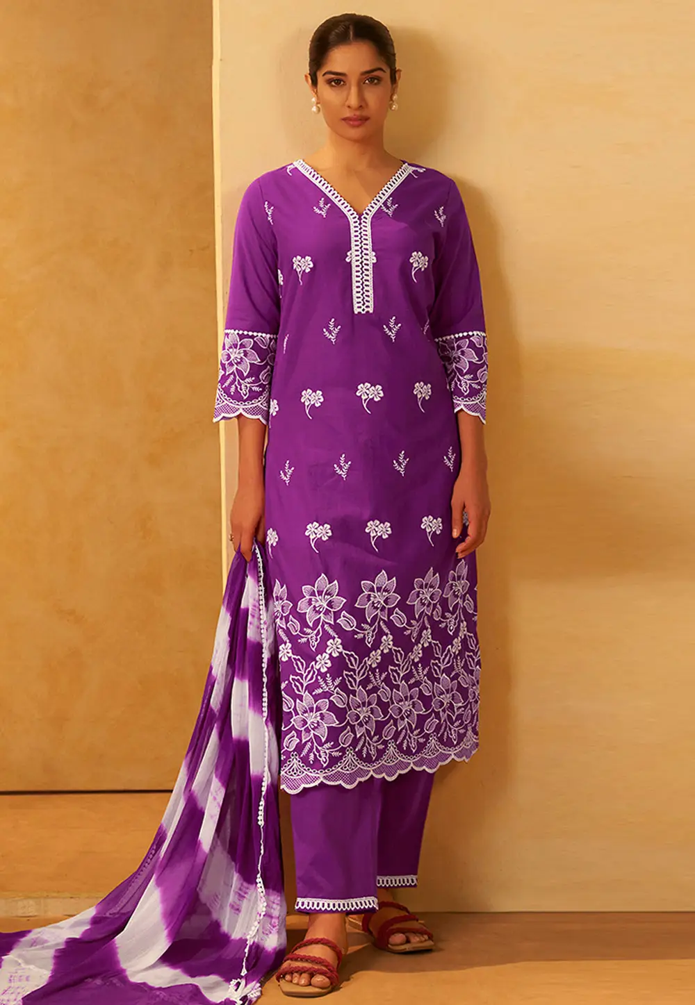 Purple Cotton Readymade Straight Suit 334187