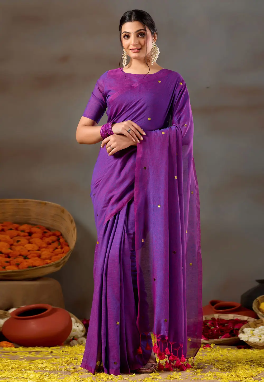 Purple Cotton Saree With Blouse 332689