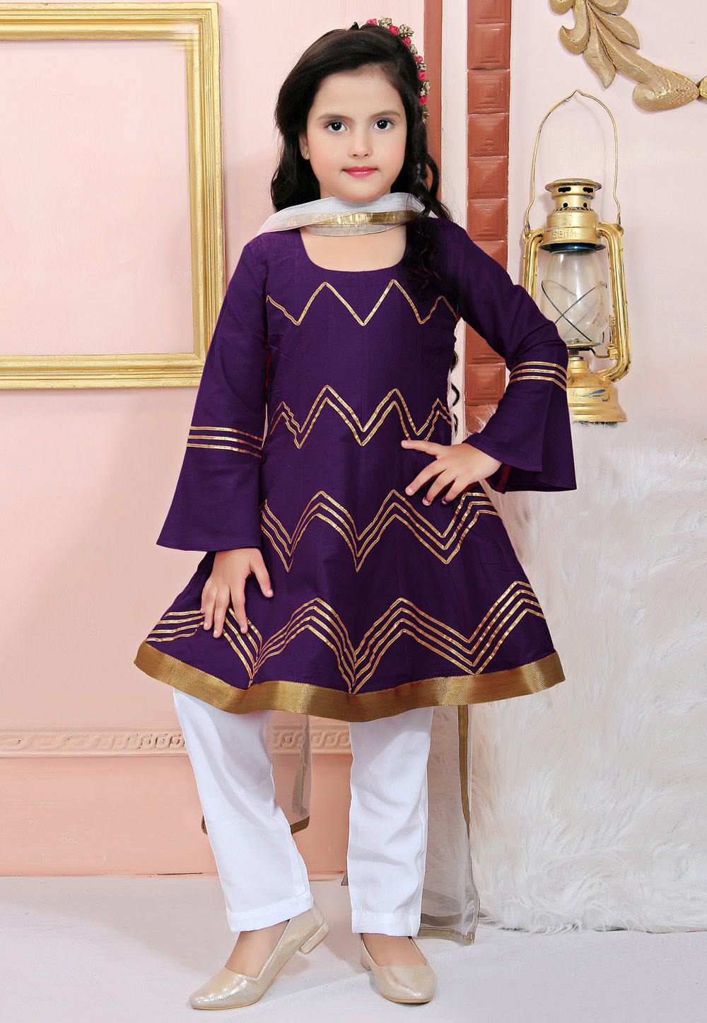 Purple Cotton Silk Kids Pant Style Suit 312246