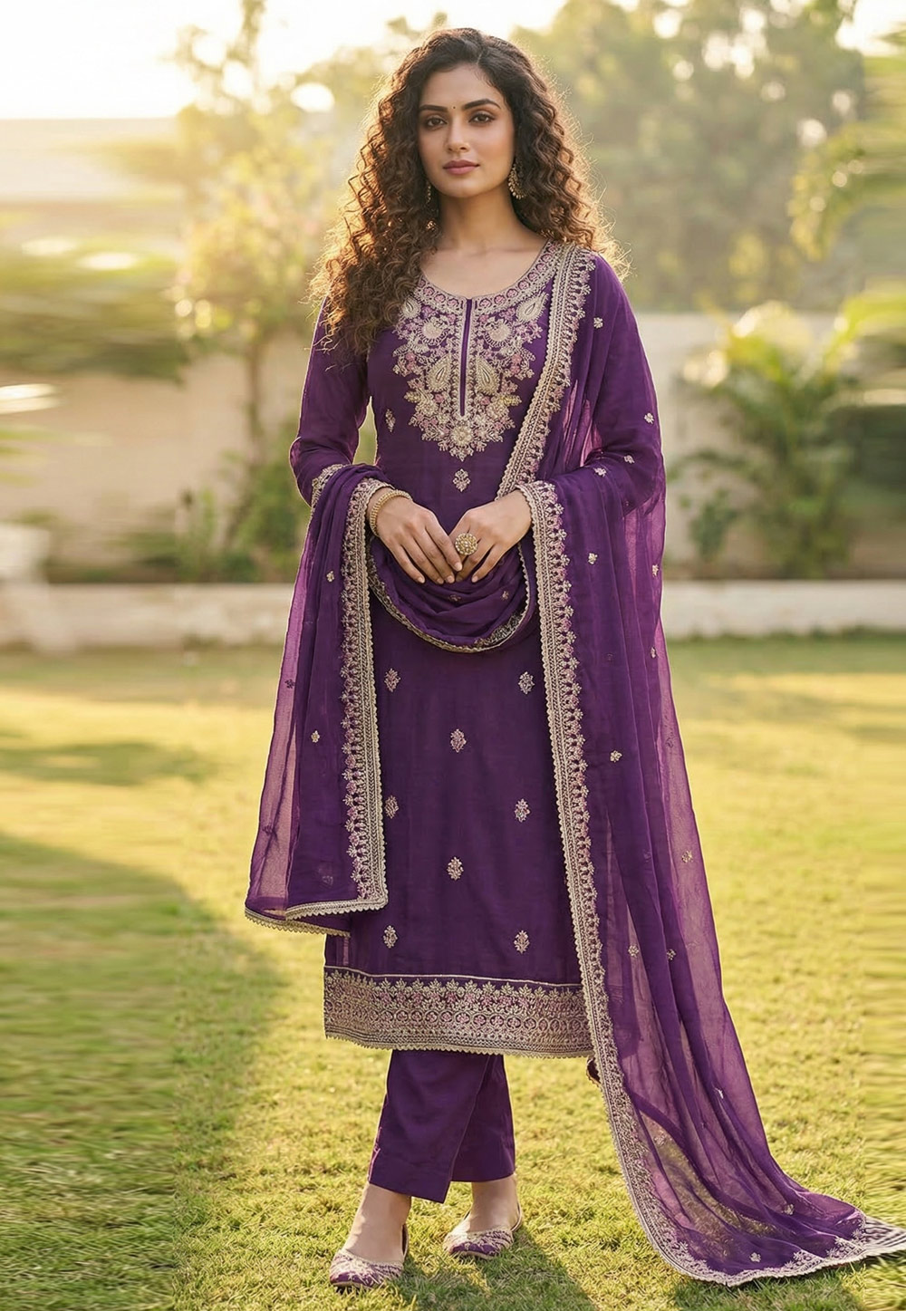 Purple Cotton Silk Pant Style Suit 326356