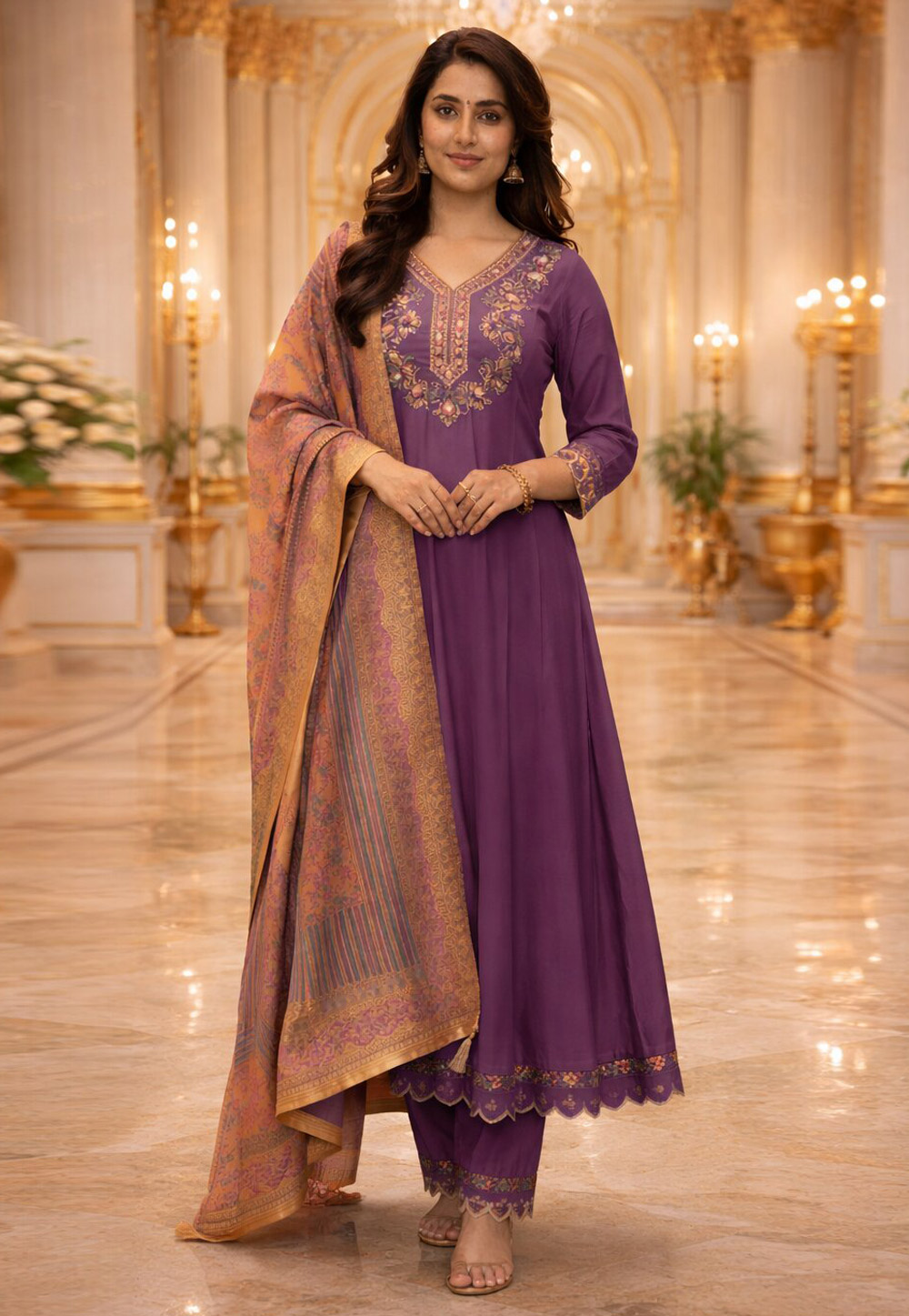Purple Cotton Silk Readymade Anarkali Suit 327167