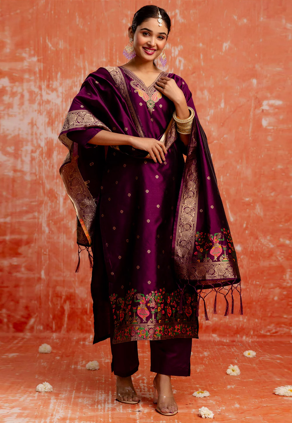 Purple Cotton Silk Readymade Pant Style Suit 307112