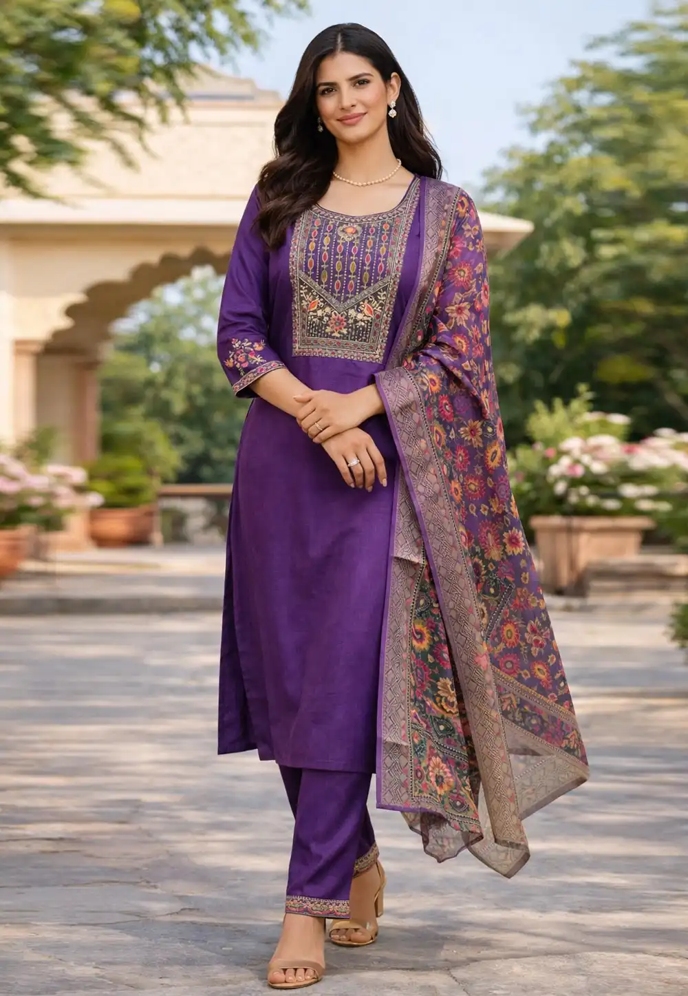 Purple Cotton Silk Readymade Pant Style Suit 328973