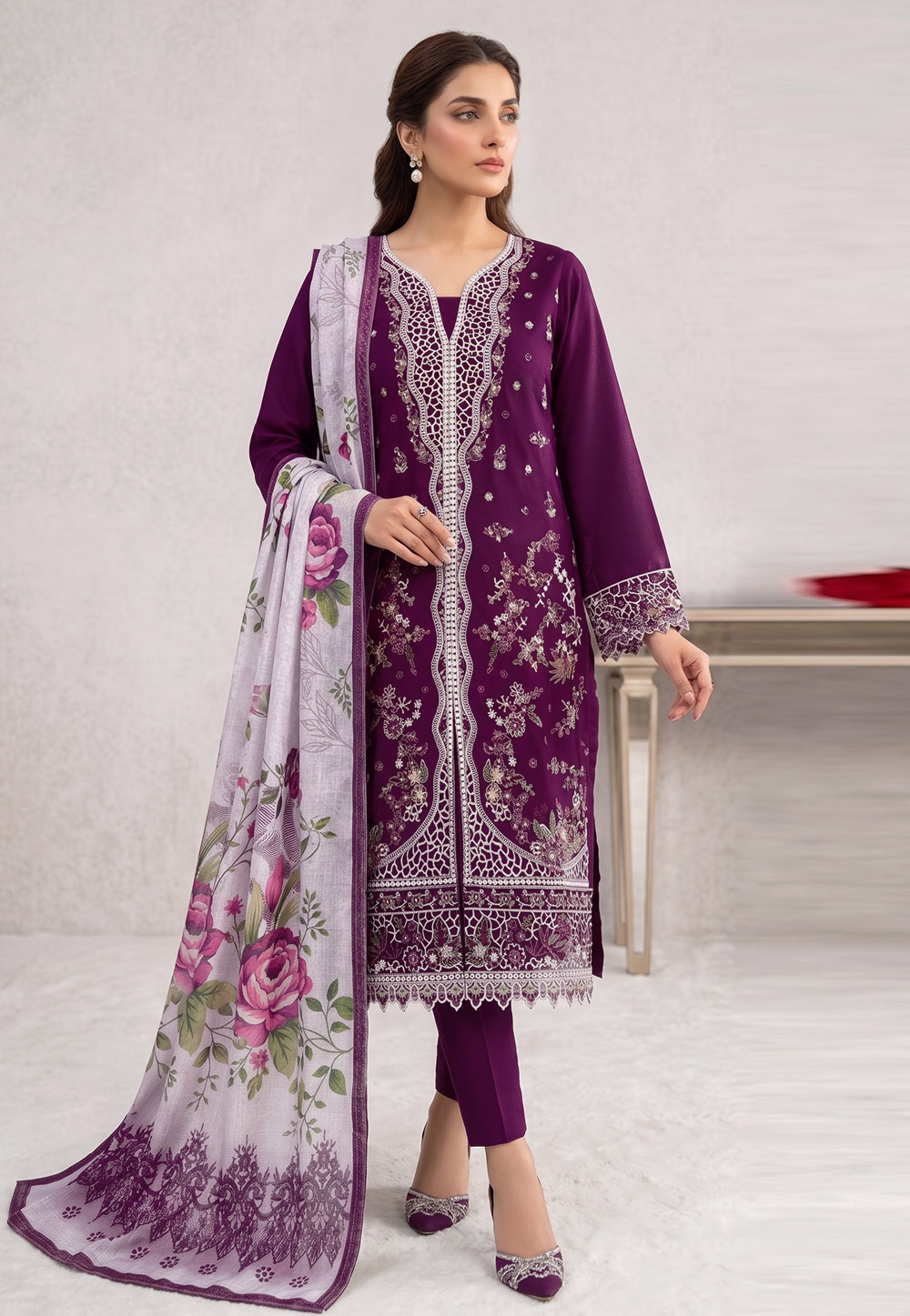 Purple Cotton Straight Suit 329669