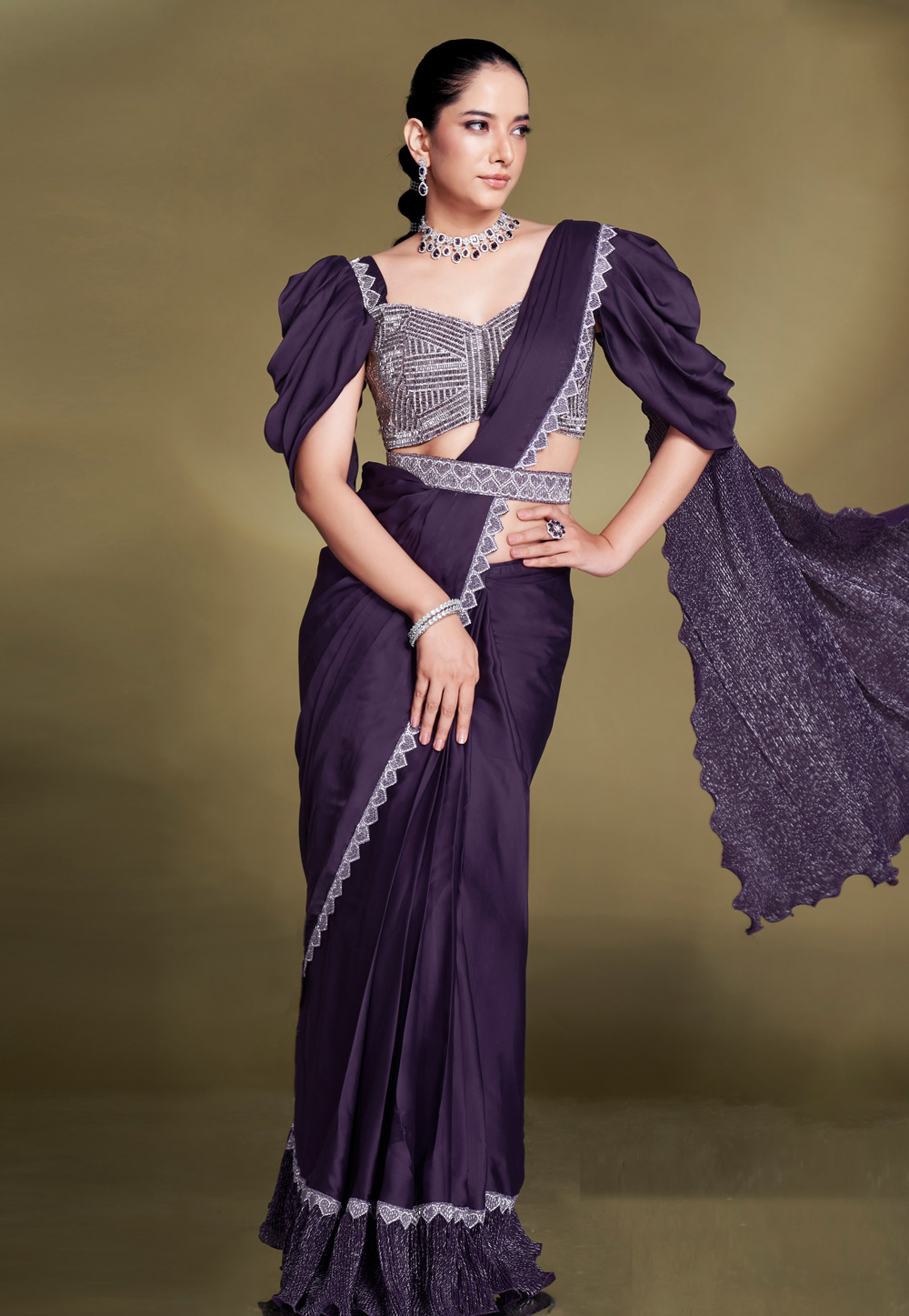 Purple Crepe Designer Saree 309646