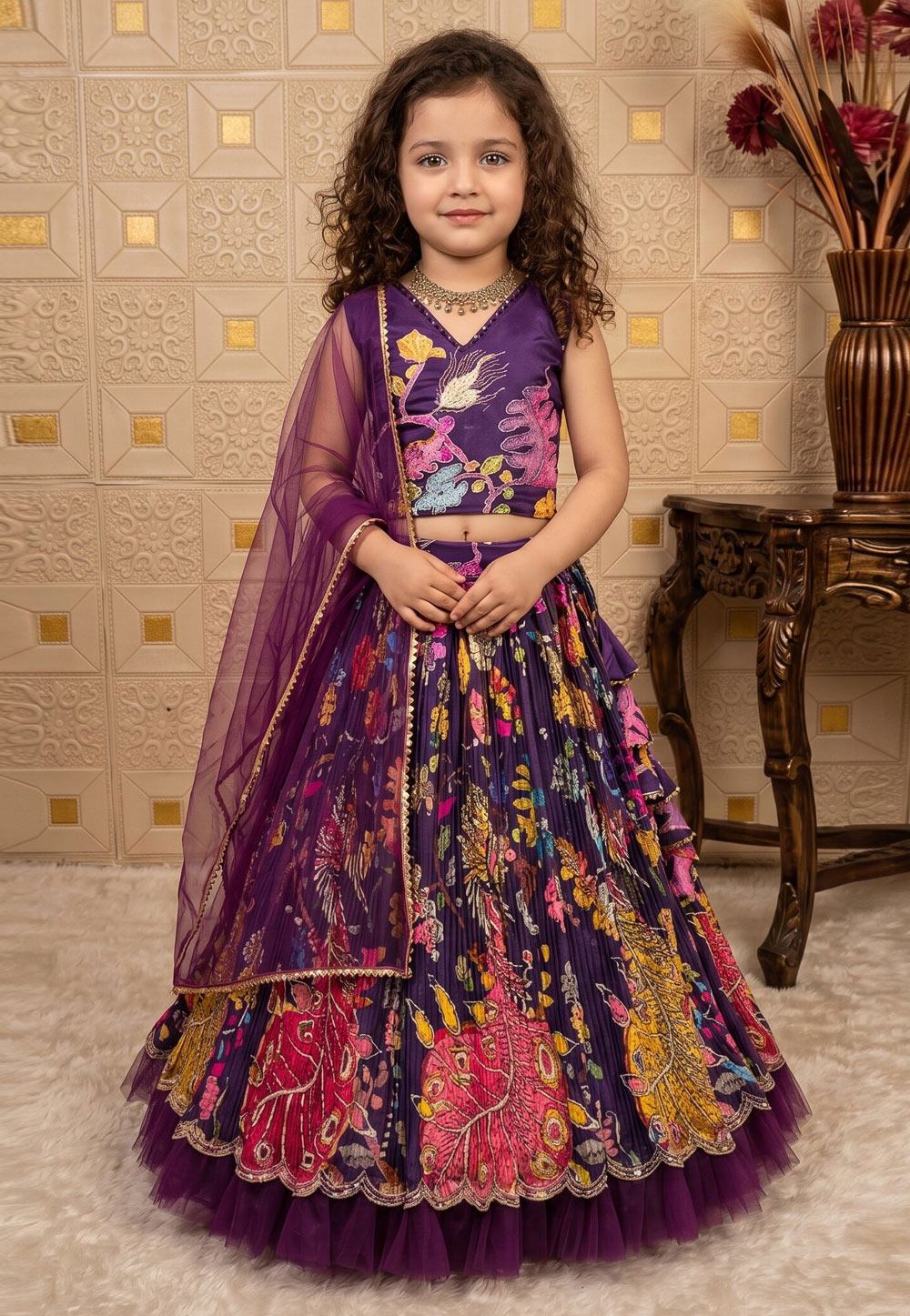 Purple Crepe Kids Lehenga Choli 329453