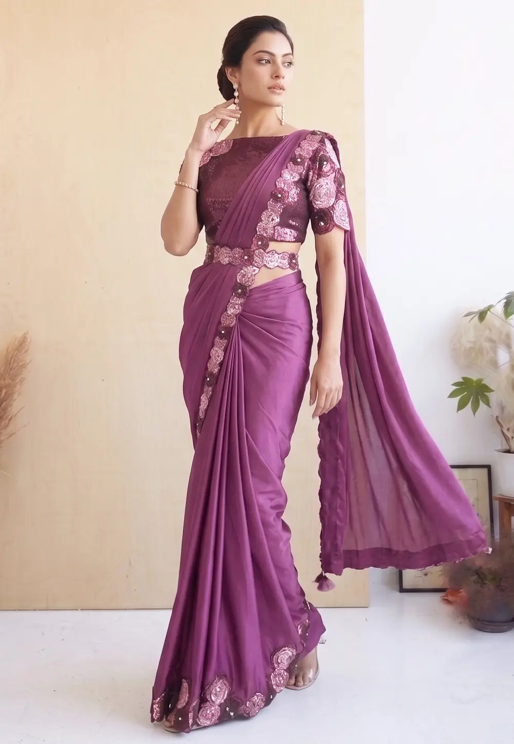 Purple Crepe Lehenga Saree 331756