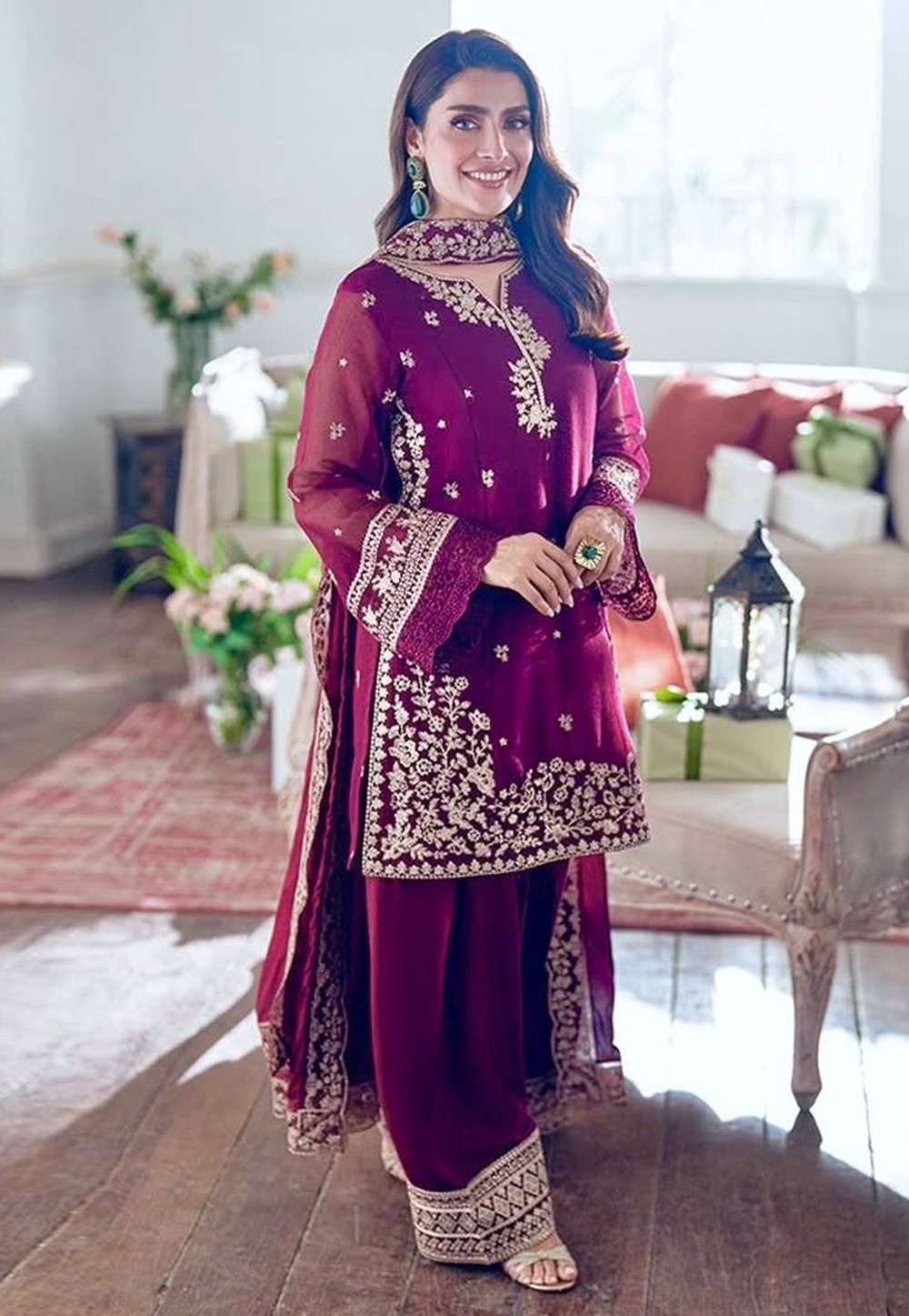 Purple Crepe Readymade Palazzo Suit 323465