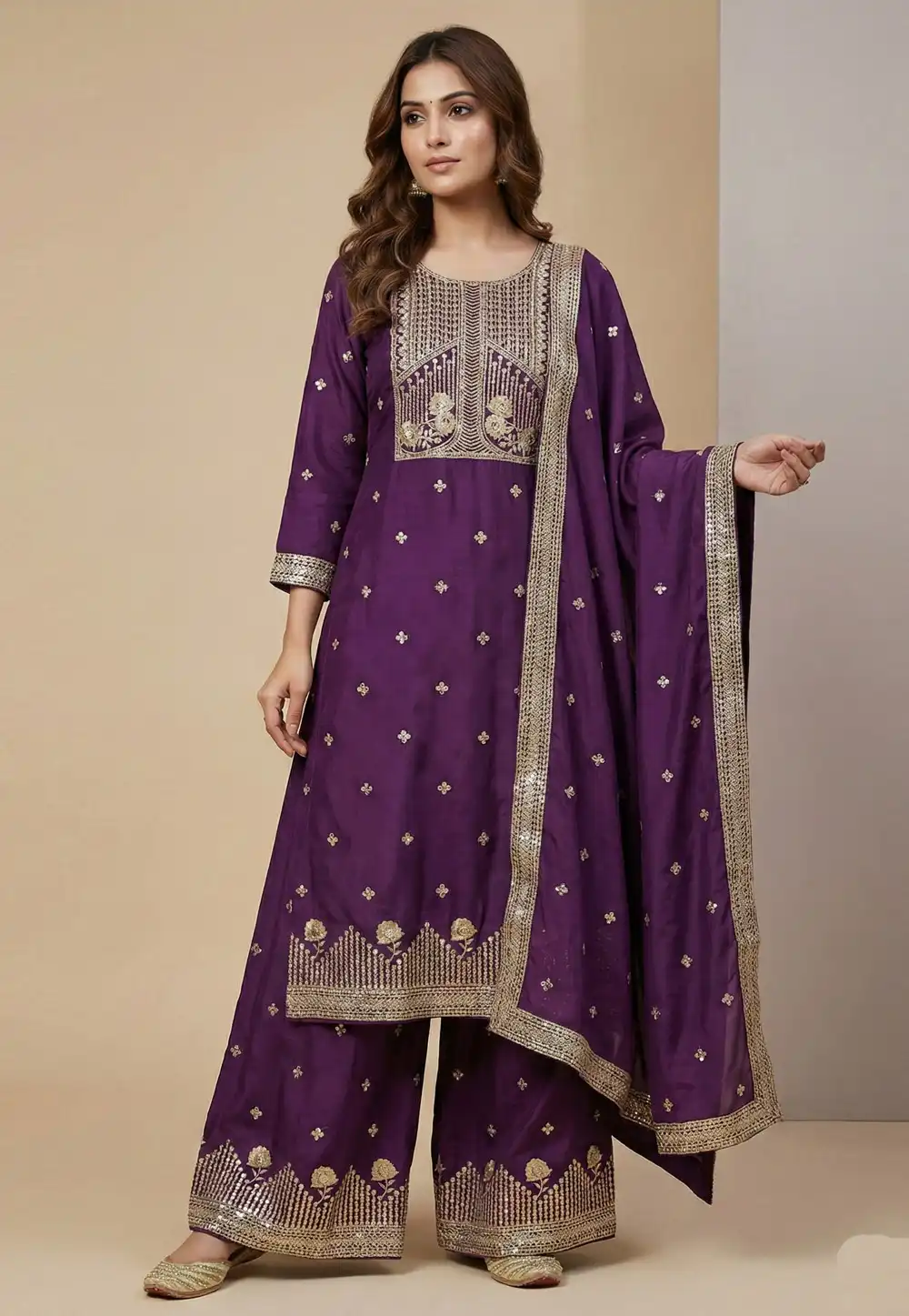 Purple Crepe Readymade Palazzo Suit 323846